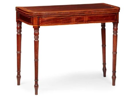 A 19th Century Scottish George III mahogany and satinwood card table, The rounded rectangular fold-over top banded and outlin