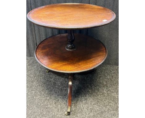 A 19th century mahogany two tier Dumb-waiter raised on a tripod base ending in a  brass caps and casters [87.5x70cm]
