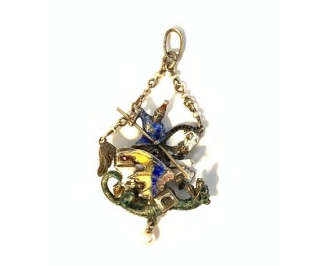 19th Century central European silver, enamel and gem set pendant of George killing the dragon, three dimensional, gilt and pe