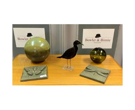 A mixed lot to include two wall hanging tiles with a dragonfly &amp; butterfly design, Handblown glass and ceramic spheres an