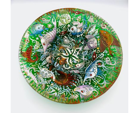 GENÍS CIRERA, (SPAIN, 1890-1970). A LARGE 20TH CENTURY PAINTED ENAMEL GLASS BOWL WITH AQUATIC DECORATION Signed Cirera.Diamet
