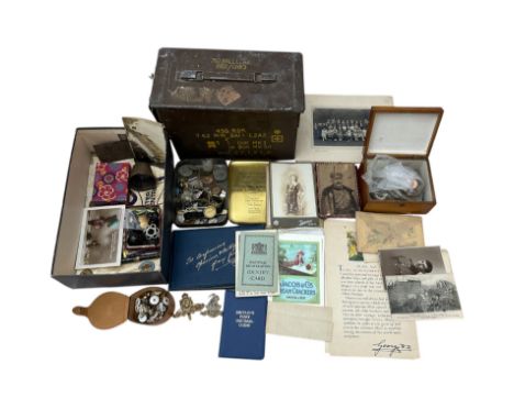 Militaria miscellaneous range, to include; 450 RDS ammunition box, mixed coins and buttons, paper ephemera with letters, post