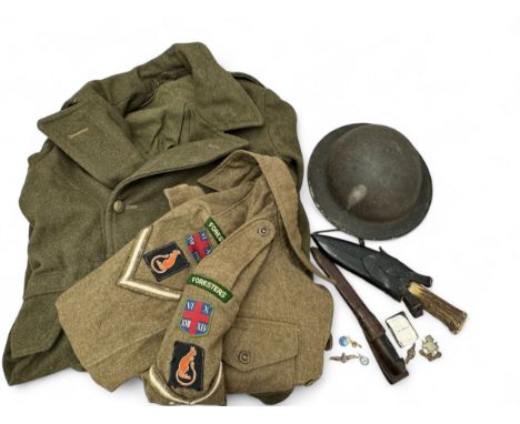 Military range with 1943 Battledress Blouse by Windsor &amp; Black label marked L/C Scutt D Coy Foresters, both sleeves with 