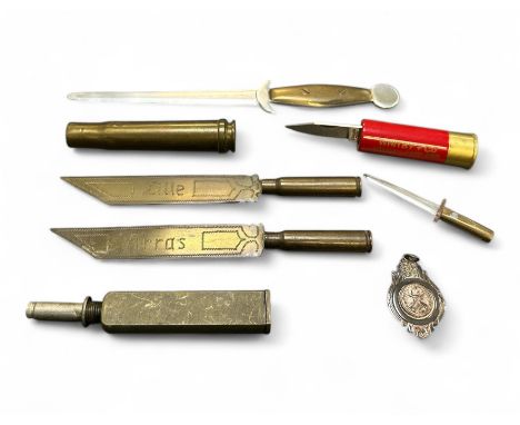 Small selection of trench art, mostly made into letter openers. Two etched for Arras &amp; Sille. Plus a shooting medal. Eigh