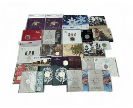 Collection of uncirculated coin packs (25) with £5 (4), £2 (7), £1 (2), 50p (6), medallic (4), Christmas sixpence (2), includ