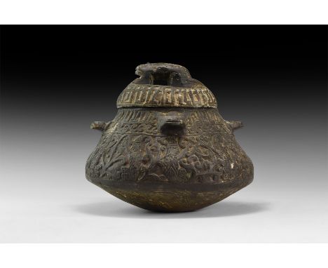 An undated archaistic ceramic biconvex jar with radiating lugs to the shoulder, bands of dense tendril ornament with figures 