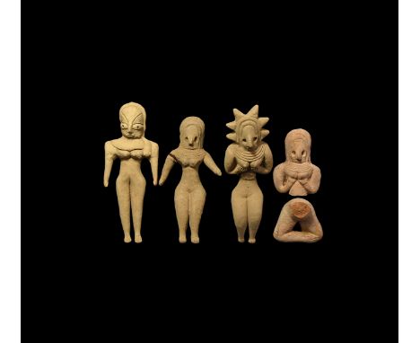 A mixed group of undated archaistic ceramic idol figures, each a nude female with headdress.  244 grams total, 29-127mm (1 - 