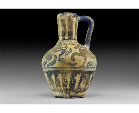 An undated archaistic ceramic jar with flared base, bulbous body, tubular neck, strap handle, bands of polychrome ornament, r