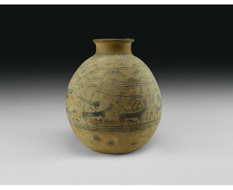 An undated archaistic ceramic vase with everted chamfered rim, tiered bands of painted decoration including horses, fish, bir