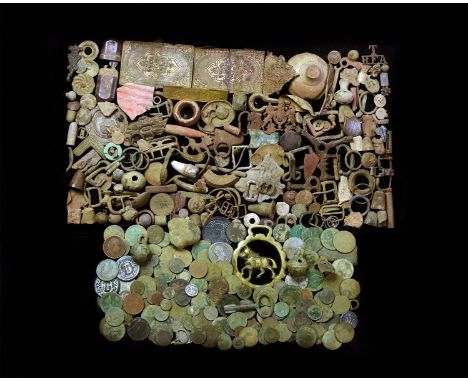 15th-20th century AD. A quantity of metal detector finds including milled coins, trade tokens, a horse brass, fragments of a 