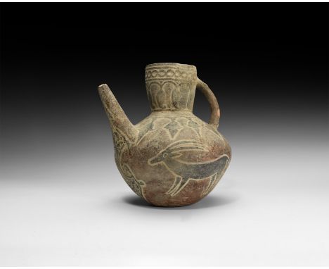 An undated archaistic ceramic ewer with biconvex squat body, long angled spout, barrel-shaped neck, strap handle to the rear;