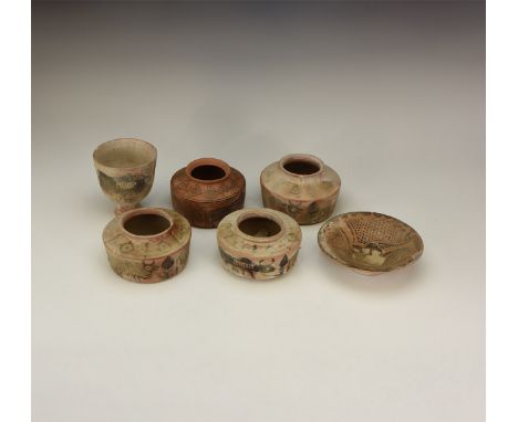 A mixed group of undated archaistic ceramic vessels with painted symbols and other ornament.  1239 grams total, 8-12.5cm (3 -
