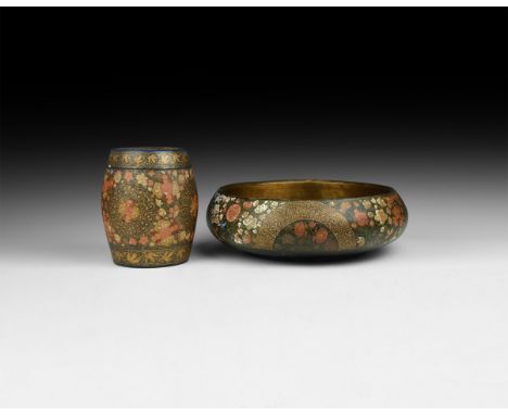 19th century AD. A group of two papier maché vessels decorated with lacquer-work; one a lidded barrel pot with circular rings