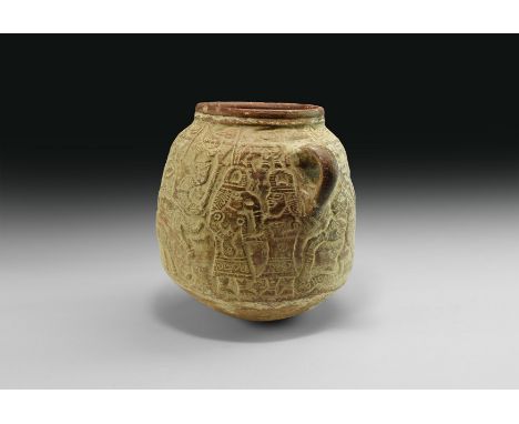An undated archaistic drum-shaped ceramic jar with domed base, low gusseted rim, two loop handles to the shoulders, decorativ