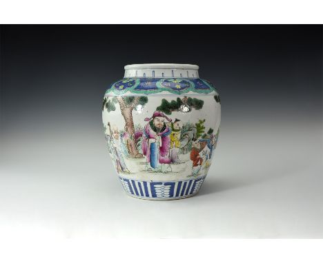 19th century AD. A white-glazed ceramic jar with barrel-shaped body and short neck with everted lip; polychrome floral band t