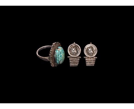19th-early 20th century AD. A mixed copper-alloy group comprising: finger ring with narrow hoop, cannetille bezel with inset 