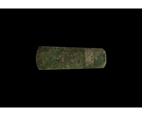 A undated archaistic Lungshan Culture type jade ceremonial axehead, flat in section with gently tapering sides, curved edge; 