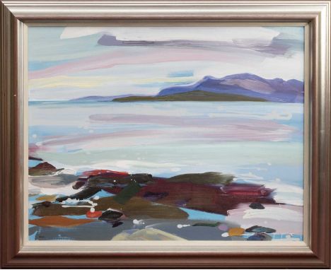 * SHONA BARR (SCOTTISH b. 1965), TOWARDS EVENING, BUTE oil on canvas, signed, titled labels versoframedimage size 71cm x 92cm