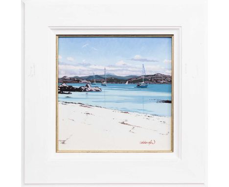 * FRANK COLCLOUGH (SCOTTISH 1941 - 2023), MOORING OFF IONA oil on board, signed, titled versoframed and under glassimage size