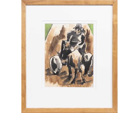 * JOSEF HERMAN OBE RA (POLISH/BRITISH 1911 - 2000), MAN AND CART  ink and watercolour on papermounted, framed and under glass