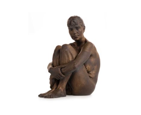 * WALTER AWLSON (SCOTTISH b. 1949), SEATED NUDE  limited edition patinated stoneware sculpture, signed and numbered 45/75 to 