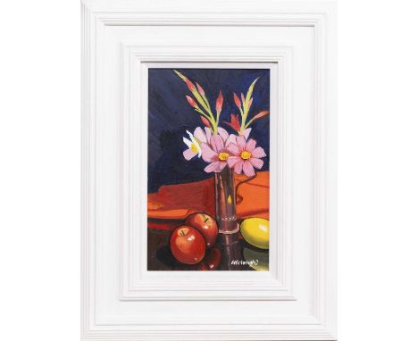 * FRANK COLCLOUGH (SCOTTISH 1941 - 2023), APPLES & FLOWERS oil on board, signed, titled versoframed and under glassimage size