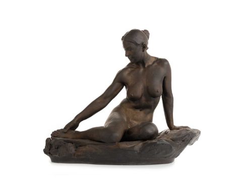 * WALTER AWLSON (SCOTTISH b. 1949), RESTING NUDE limited edition patinated stoneware sculpture, signed and numbered 12/7538cm