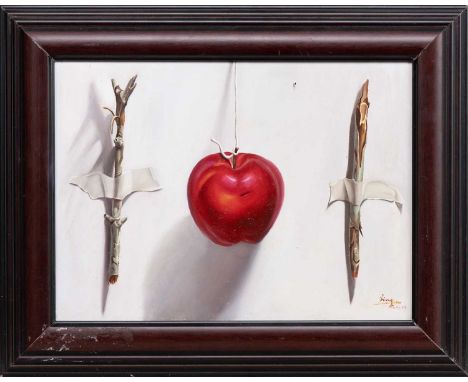BING WANG (CHINESE b. 1977), STILL LIFE WITH APPLE I  oil on board, signed and dated '09framedimage size 20cm x 28cm, overall