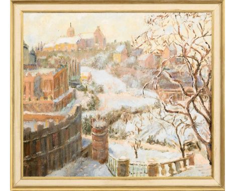 * EVELYNE OUGHTRED BUCHANAN SSA (BRITISH 1883 - 1978), EDINBURGH CASTLE oil on board, titled versoframedimage size 64cm x 72c