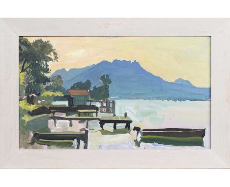* ALEXANDER GOUDIE RP RGI (SCOTTISH 1933 - 2004), MONTAGNE DE LA SAMBUY, FROM VERYIER DU LAC oil on board, signed titled labe