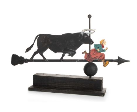 * RAMSAY GILLIES, CHASING BULL  folk-inspired painted sheet metal rotating sculpture on a stepped wooden base, initialled "RG