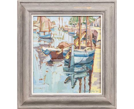 * JOAN GILLESPIE (SCOTTISH b. 1954), QUAYSIDE NEAR TOULON oil on board, signed and dated '90, titled labels versoframed and u