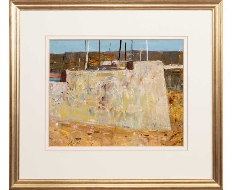 * GEORGE DEVLIN RSW RGI ROI ARWS FRSA (SCOTTISH 1937 - 2014), FIFE HARBOUR mixed media on paper, signed, titled labels versom