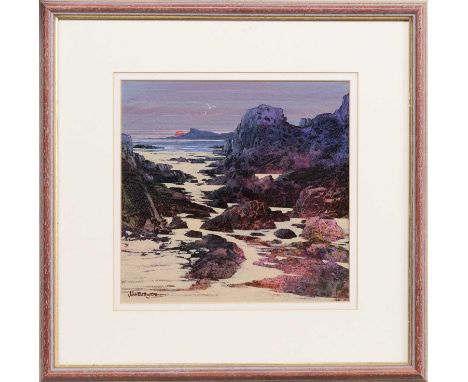 * JOHN BATHGATE (SCOTTISH b. 1949), LAST LIGHT, ARRISAIG mixed media on card, signed, titled label versomounted, framed and u