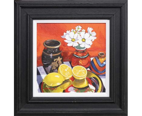* FRANK COLCLOUGH (SCOTTISH 1941 - 2023), STUDY WITH FLOWERS & LEMONS oil on board, signed, titled versoframed and under glas