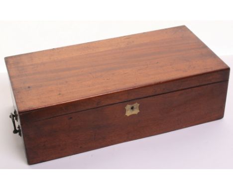 Victorian Writing Box of polished wood with tooled green leather slope. Brass handles to the sides. Some light scratches and 