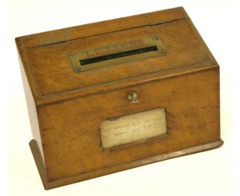 Victorian / Edwardian Table Top Letter Box of polished wood with brass letters plaque to the top and hinged bracket fittings.