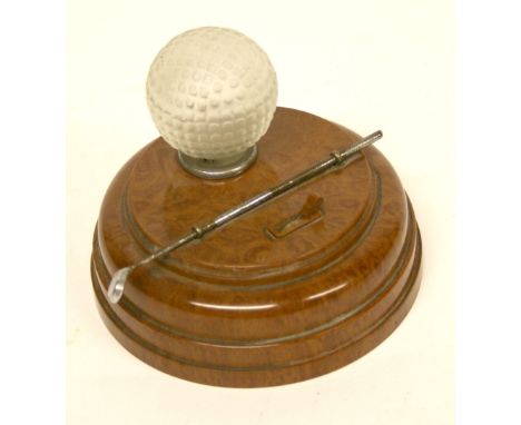 1930’s Golf Themed Light on a brown Bakelite base with the golf ball and gold club across. The gold ball is frosted and holds