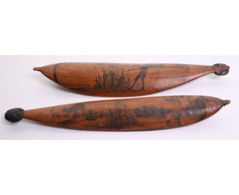 Australian Aboriginal Painted Spear Throwers of light wood with poor quality painted scenes of aboriginal hunters and Kangaro
