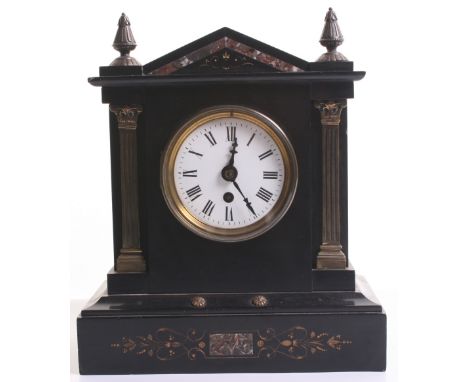 Late 19th Century / Early 20th Century Memorial Style Striking Mantle Clock of marble and slate construction. One small nick 