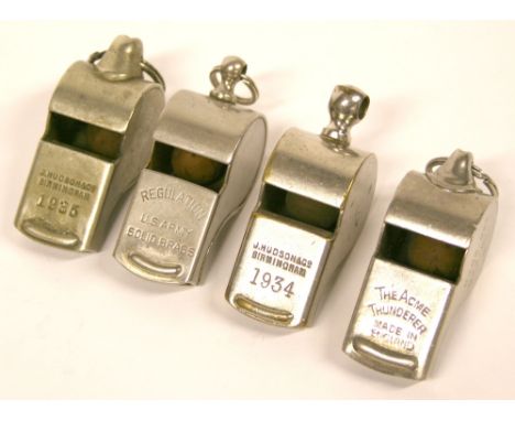 Four Thunderer Type Whistles, including a US Army regulation issue, two by J Hudson & Co Birmingham dated 1934 and 1935. One 