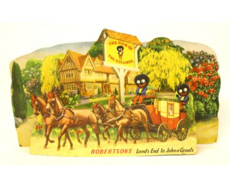 Robertson’s Land’s End to John o’Groats Golly Card Display showing a stage coach being driven by two Robertsons Gollys outsid