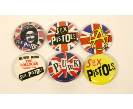 Six Sex Pistols Button Badges circa 1970’s, Punk, Sex Pistols x 2, A for Anarchy, God Save The Queen and Never mind The B ***