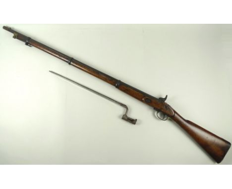 A late 19th century rifle with bayonet, brass trigger guard, complete with ramrod and loops, 103cm.