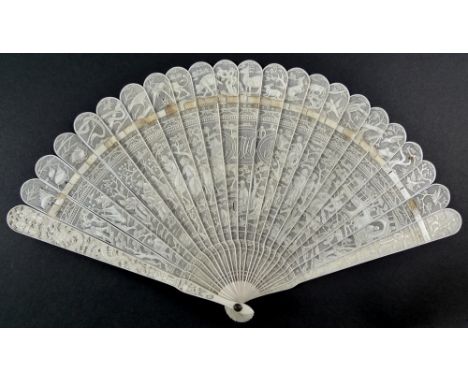 A fine Chinese ivory brise fan, circa 1880, each stick intricately carved with Chinese figures participating in various pursu