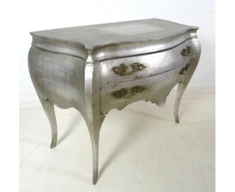 A modern pine and silver painted two drawer commode, in the French Loius XVI style, with slender legs, 116 by 56 by 85.5cm hi