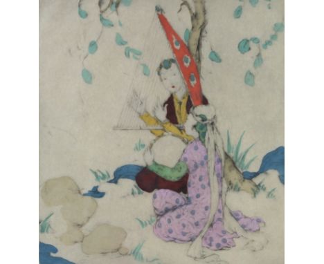 Elyse Ashe Lord R. I. (British, 1885-1971): 'Music', with Oriental figures, a hand coloured etching, signed in pencil lower r