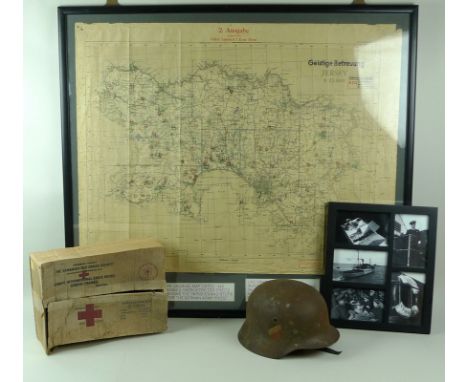 WWII Jersey Occupation: an unusual map of Jersey with handwritten notes pertaining to parishes for the German Army priest, gl