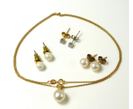 A pair of 18ct gold and diamond stud earrings, 2mm diameter, 0.8g, together with a pink-hued pearl pendant set on a 9ct gold 