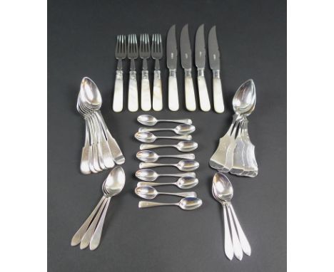 A collection of Georgian and later silver flatware, including several sets of spoons, mother of pearl handled fruit knives an